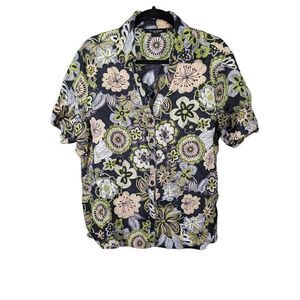 Alexandra Bartlett 100% Linen Green Floral Hawaiian Short Sleeve Button Up Women